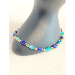 Beaded Bracelet Navy Teal Baby Blue Stones Gold Tone Tiny Beads Barrel Clasp